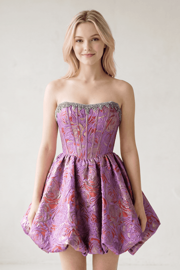 Lilac Strapless Corset Jacquard A-Line Ruched Homecoming Dress with Beading
