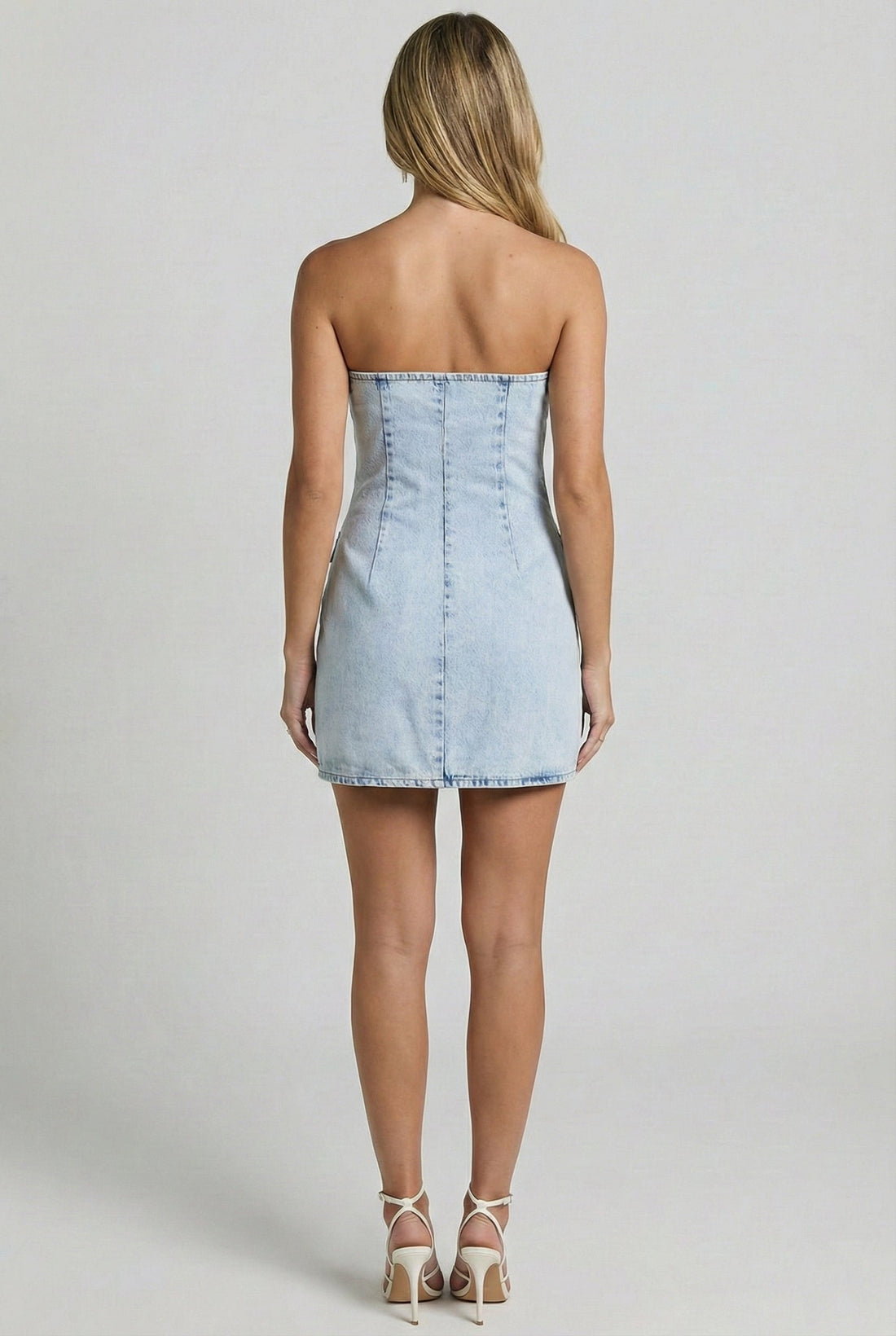 Buttoned Up Strapless Denim Mini Dress