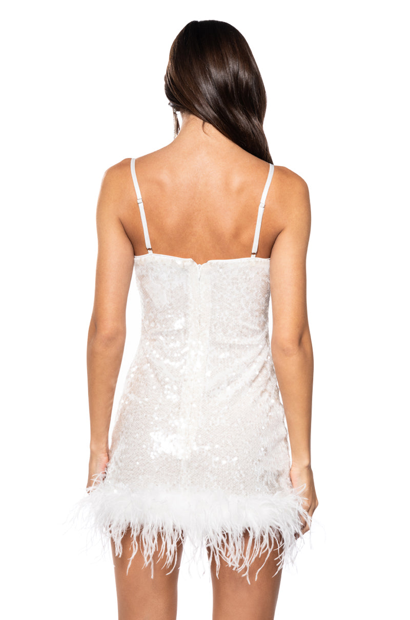 Move All Night Sequin Feather Trim Mini Dress