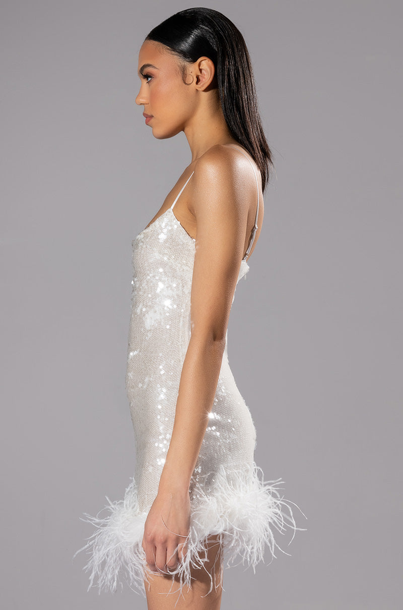 Move All Night Sequin Feather Trim Mini Dress