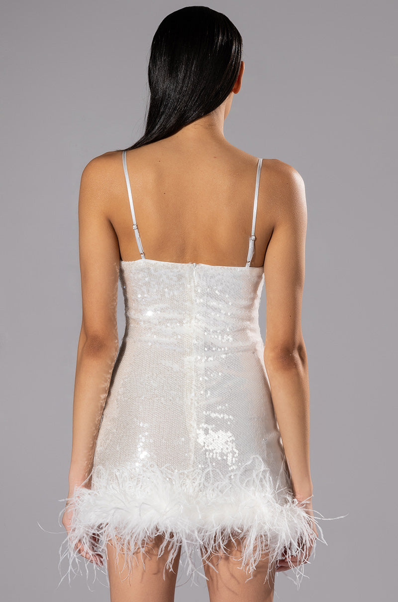 Move All Night Sequin Feather Trim Mini Dress