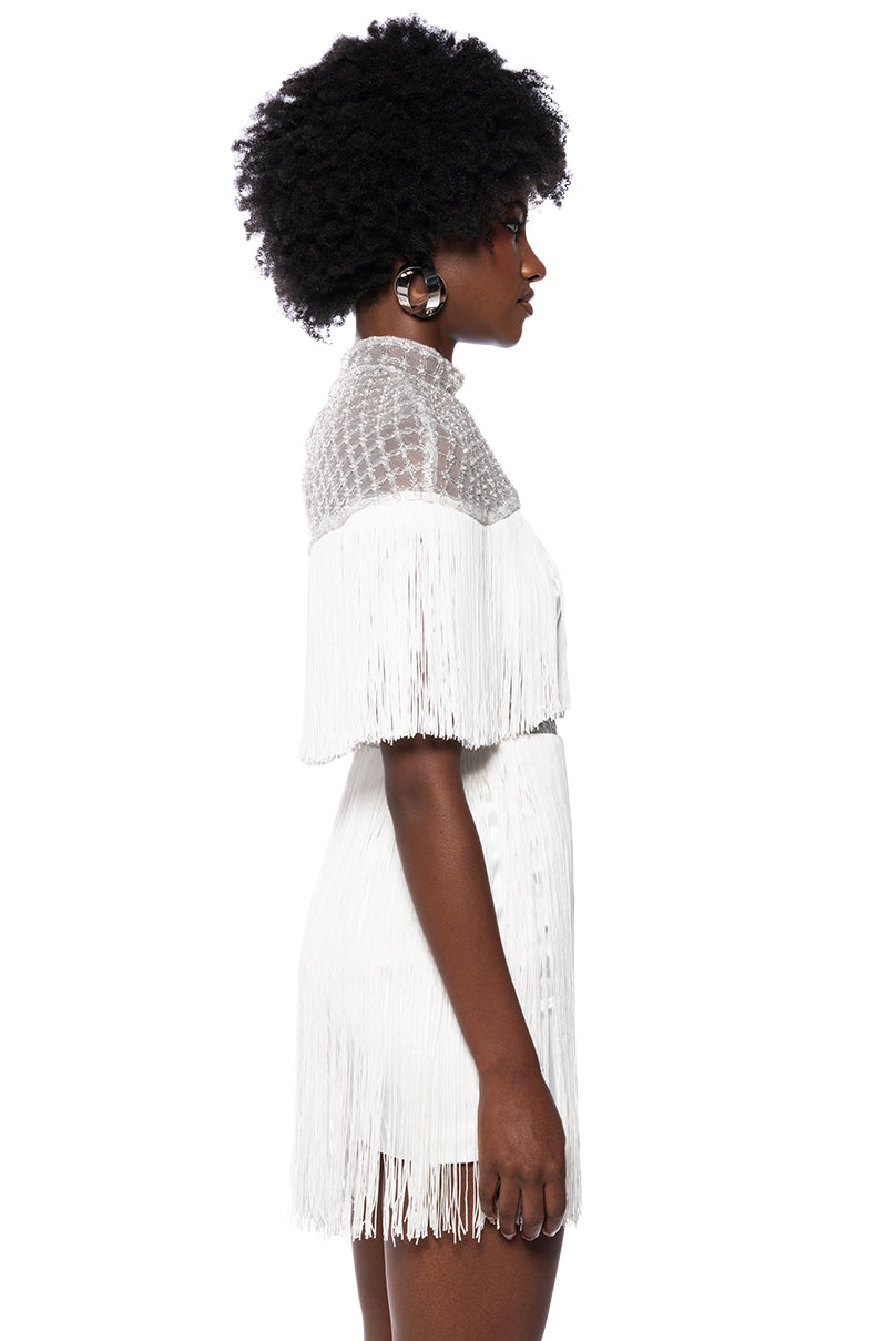 Mylah Fringe Detail Short Sleeve Mini Dress In White
