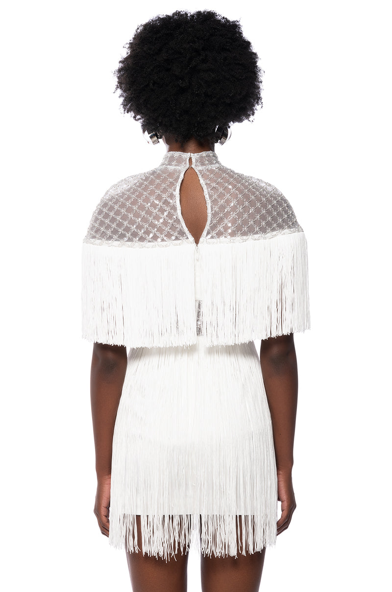 Mylah Fringe Detail Short Sleeve Mini Dress In White