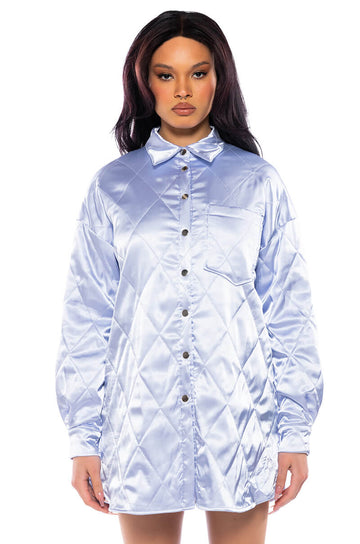 Nothing Personal Quilted Satin Button Down Shirt Dress
