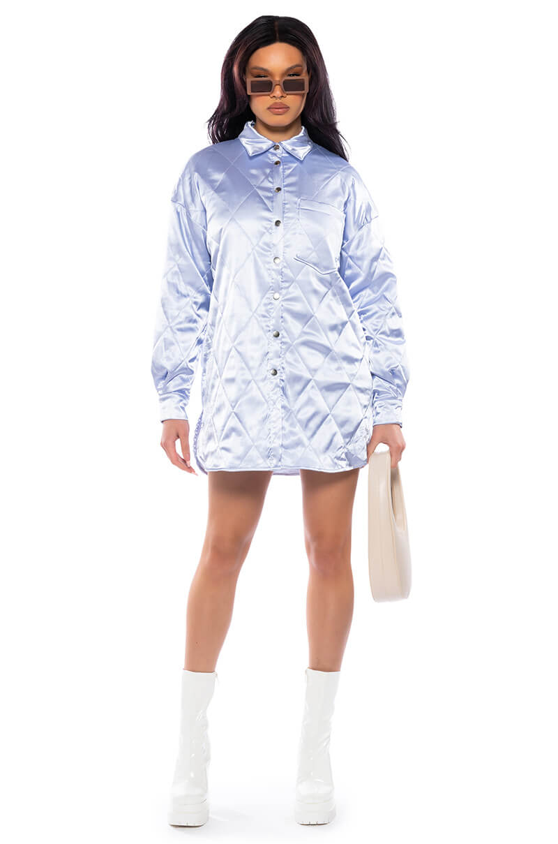 Nothing Personal Quilted Satin Button Down Shirt Dress