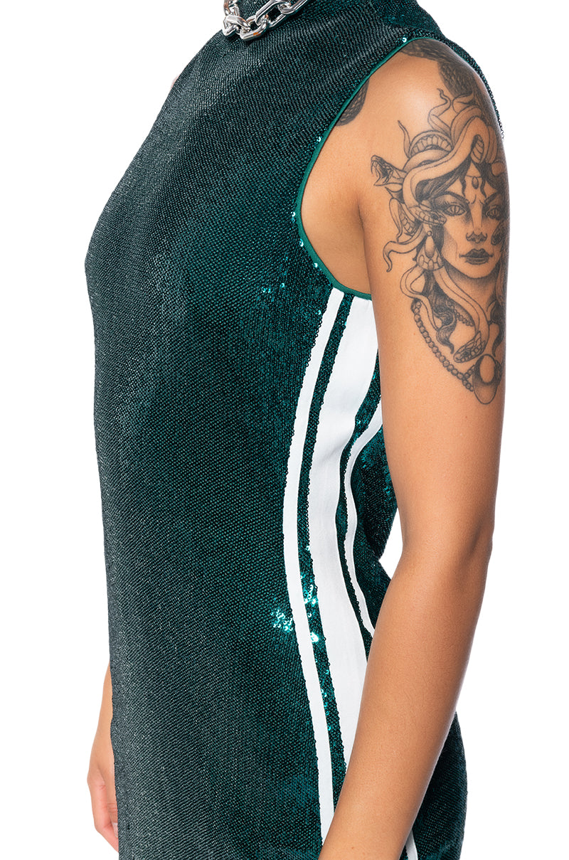 Off To The Races Sequin Striped Mini Dress
