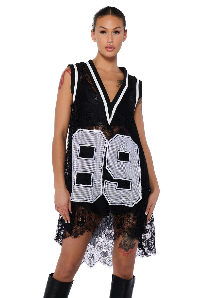 On The Sidelines Lace Jersey Mini Dress