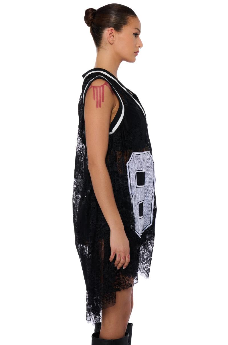 On The Sidelines Lace Jersey Mini Dress
