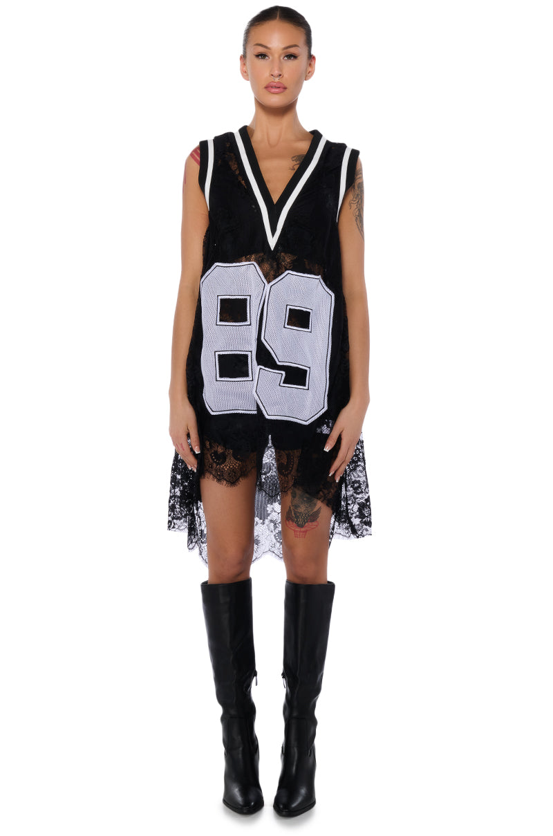 On The Sidelines Lace Jersey Mini Dress