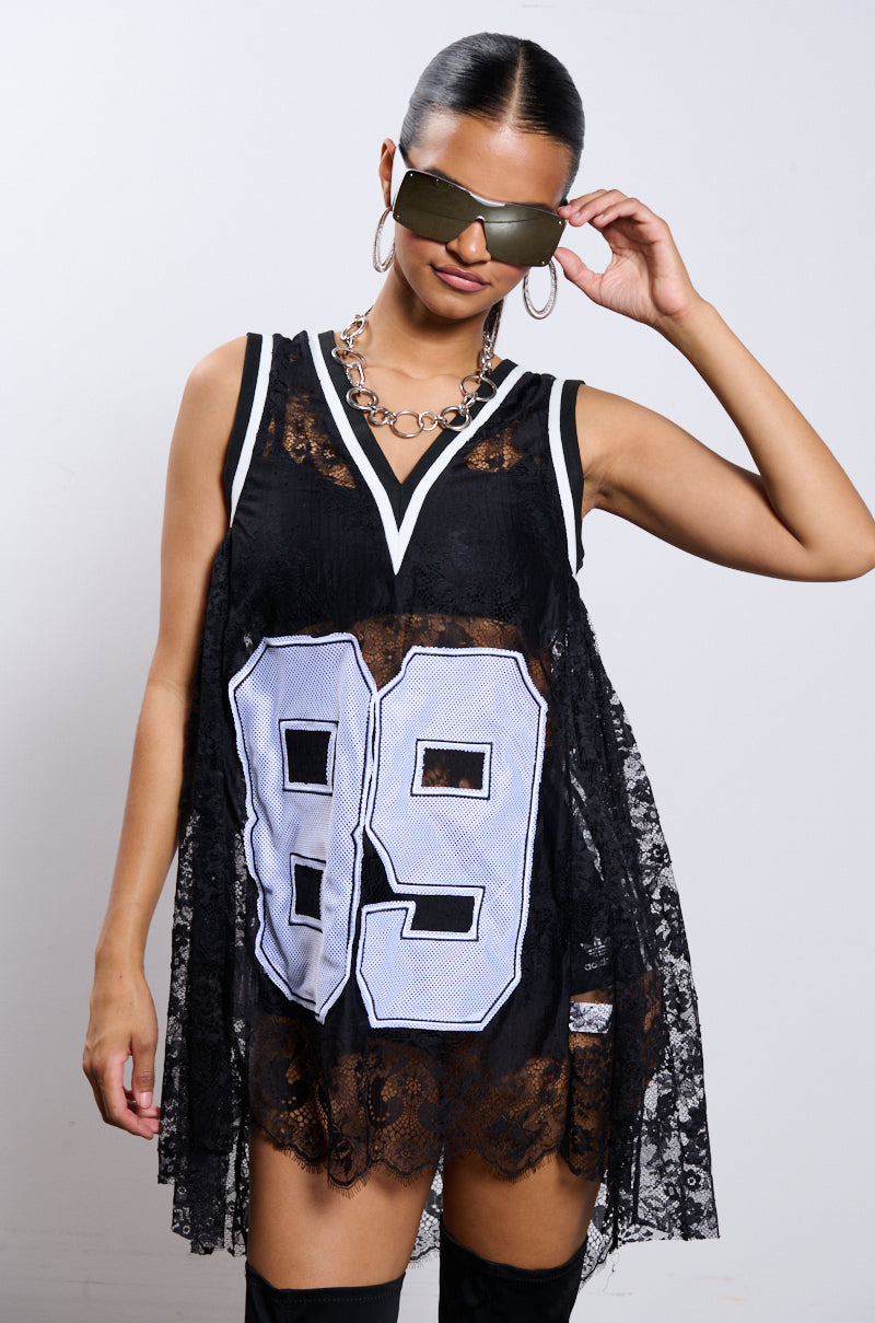 On The Sidelines Lace Jersey Mini Dress
