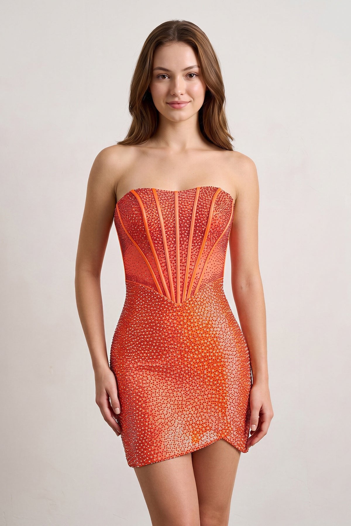 Orange Tight Beaded Strapless Short Corset Homecoming Dresses