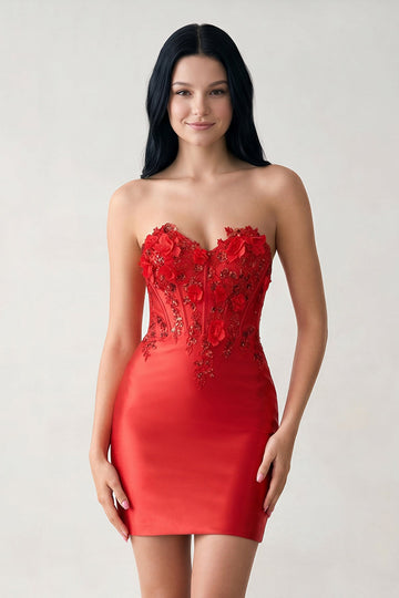Red Strapless Bodycon Satin Sequins Mini Homecoming Dresses With Appliques