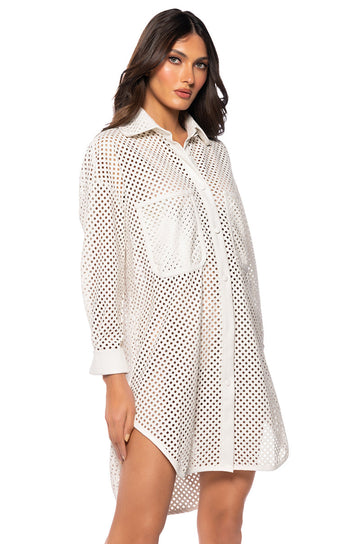 Picnic Mode Laser Cut Faux Leather Button Down Mini Dress In White