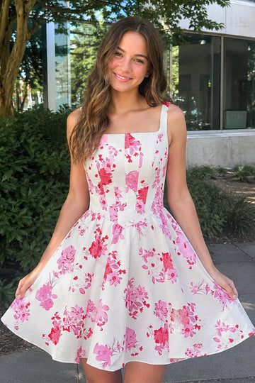 Pink A Line Floral Satin Short Homecoming Dress