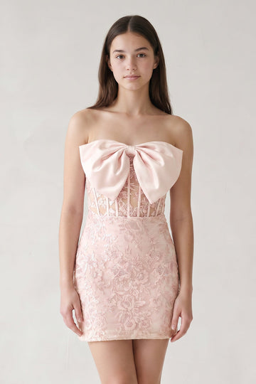 Pink Bodycon Sequined Lace Strapless Corset Homecoming Dresses with Bow