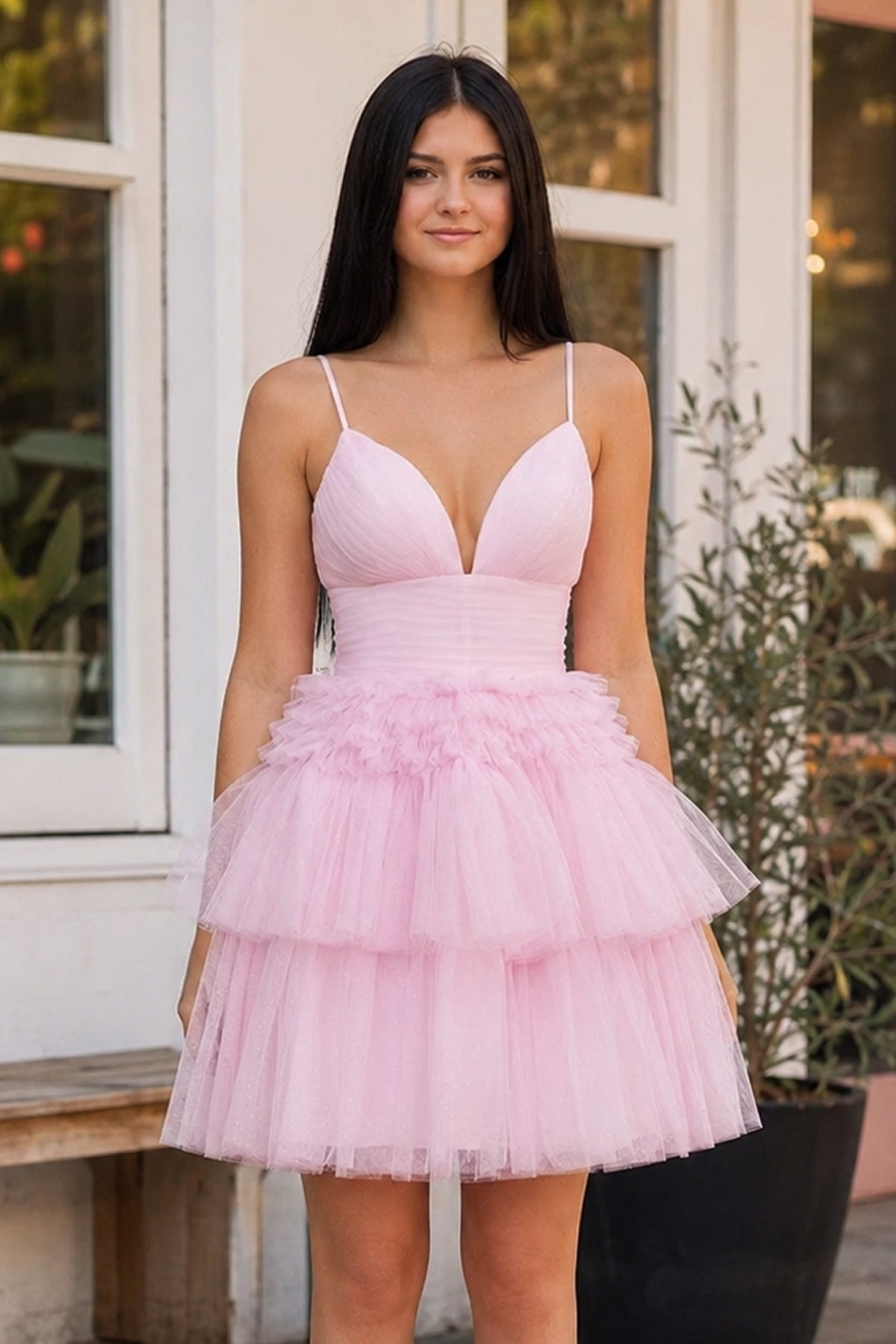 A-Line Deep V Neck Tiered Short Homecoming Dress