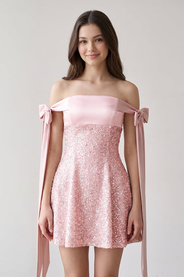 Pink Off-the-Shoulder A-Line Satin Homecoming Dress with Sequins