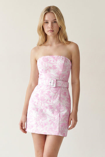 Pink Jacquard Sheath Strapless Short Homecoming Dress with Belt