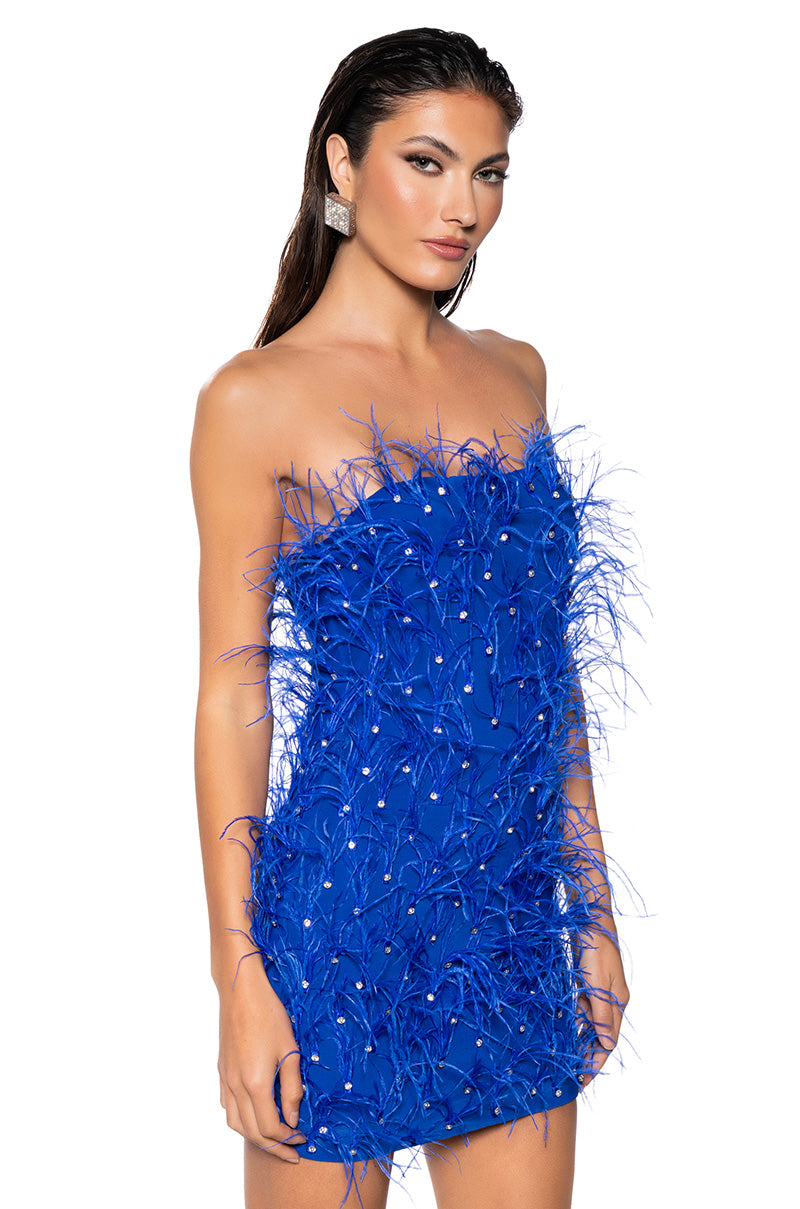 Primrose Strapless Embellished Feather Mini Dress In Blue
