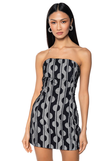 Retro Printed Mesh Rhinestone Mini Dress