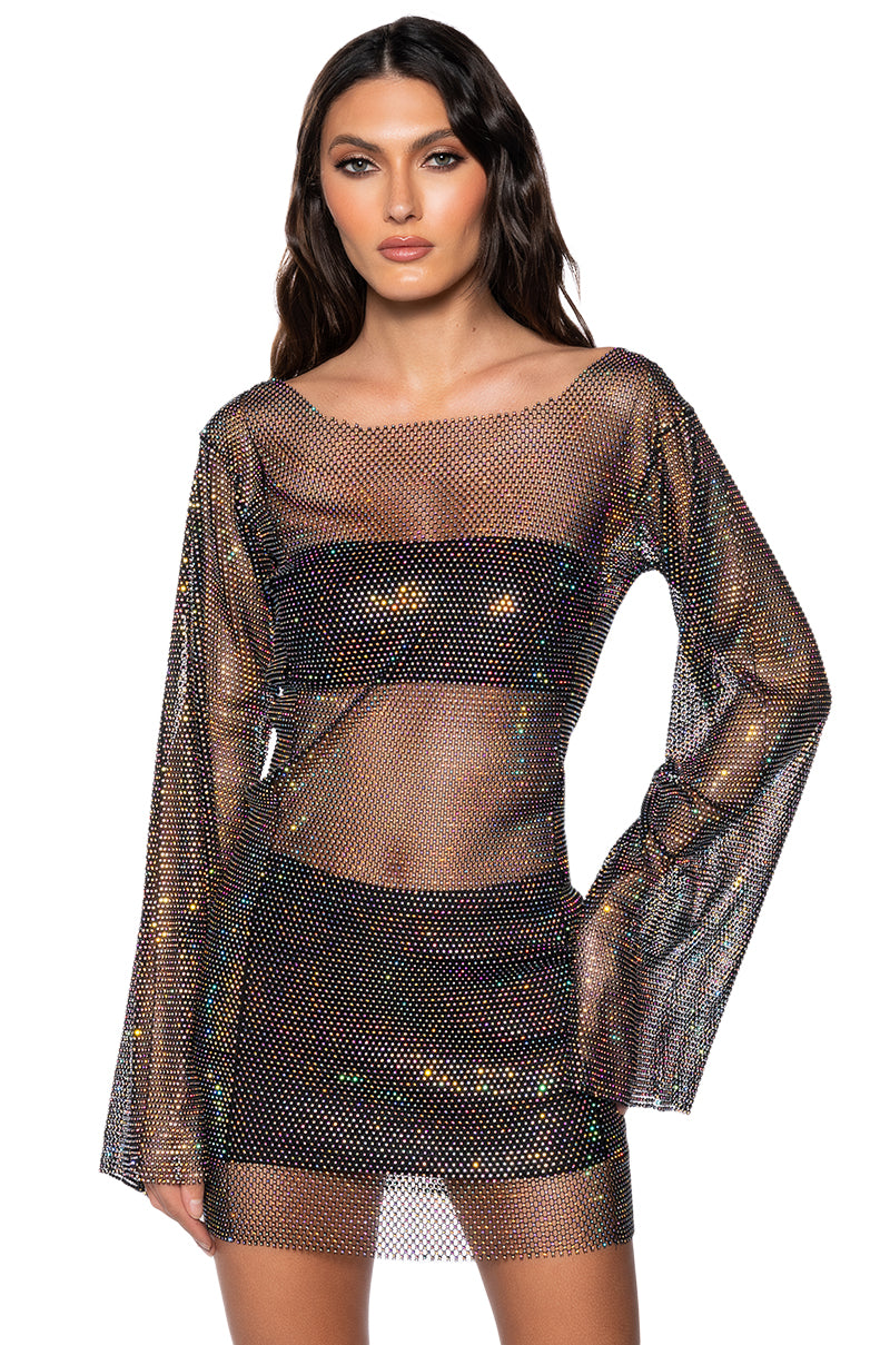 Retro Rhinestone Mesh Mini Dress