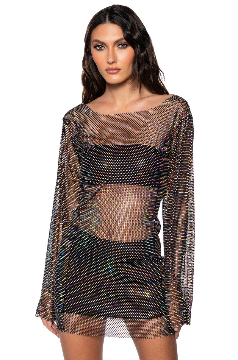 Retro Rhinestone Mesh Mini Dress