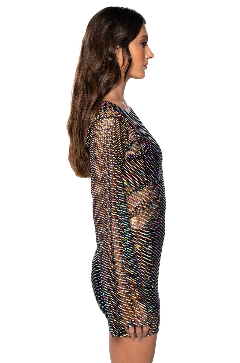 Retro Rhinestone Mesh Mini Dress