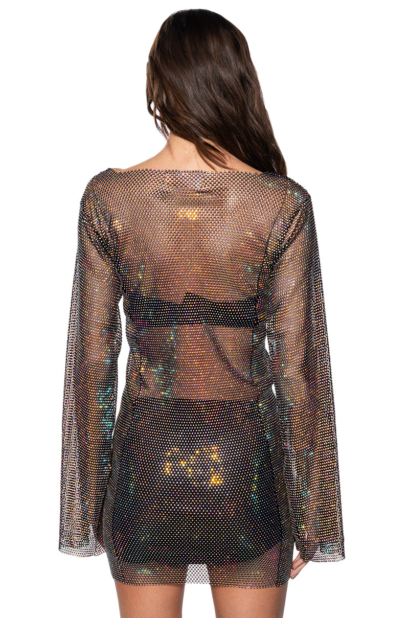Retro Rhinestone Mesh Mini Dress