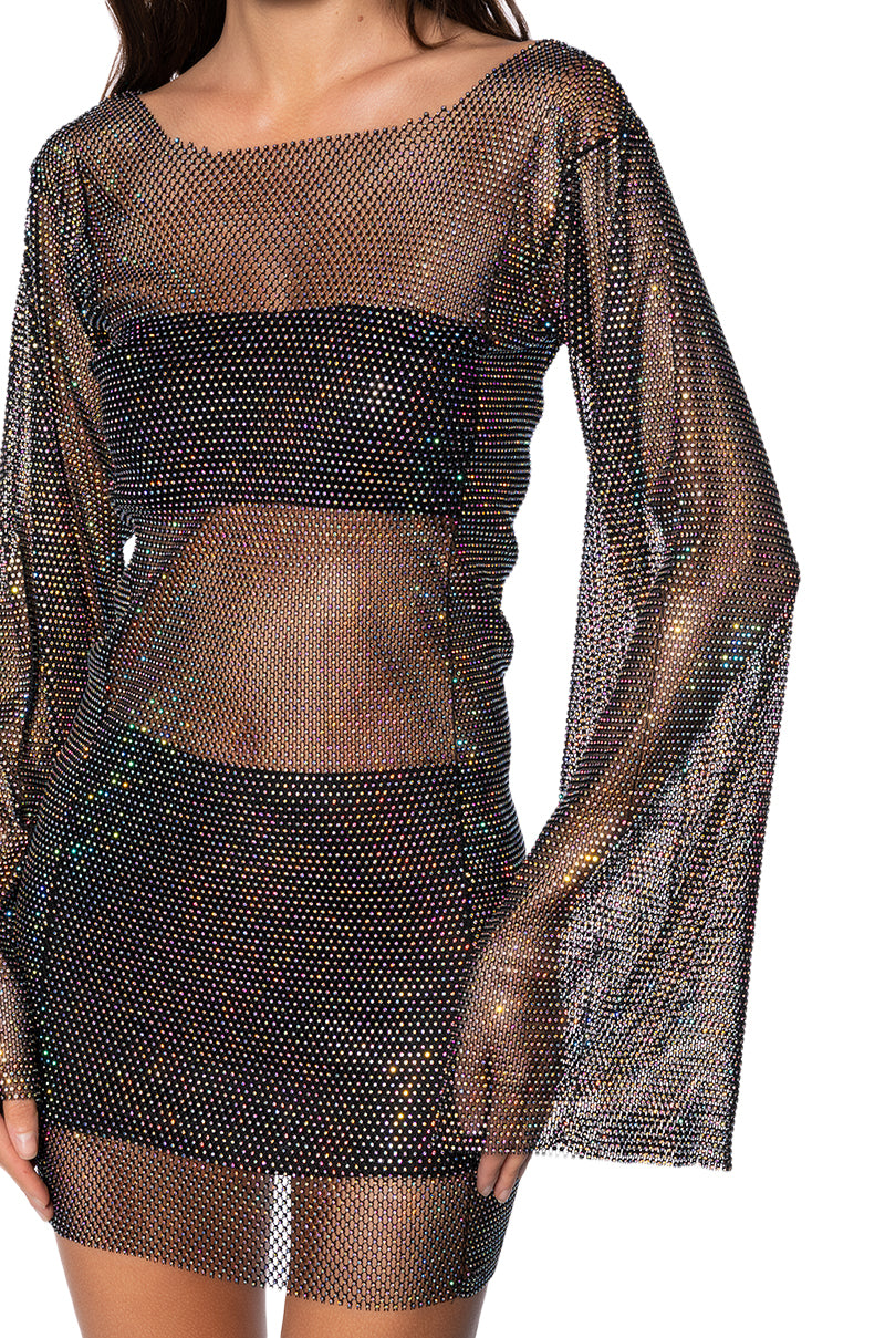 Retro Rhinestone Mesh Mini Dress