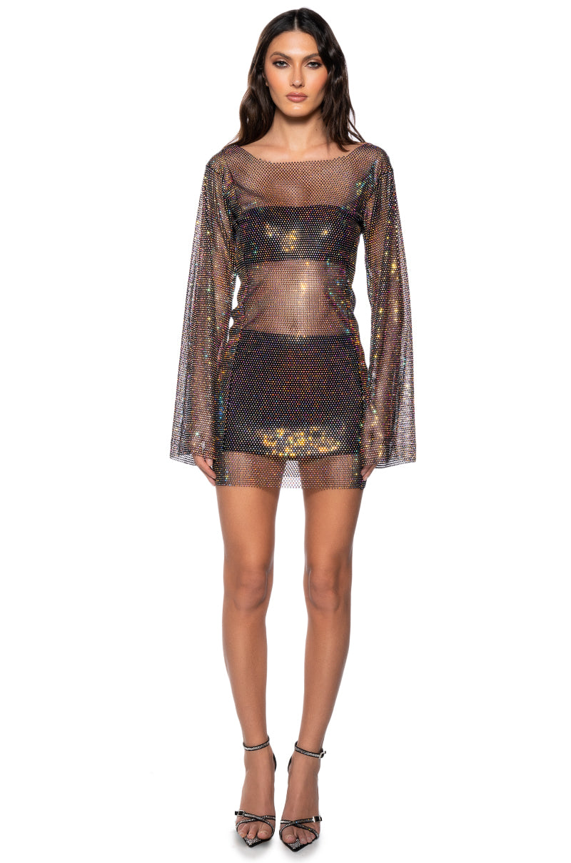 Retro Rhinestone Mesh Mini Dress