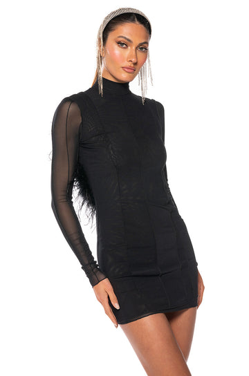Rosalie Open Back Fur Trim Mesh Mini Dress