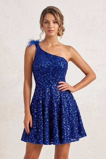 Royal Blue One Shoulder A Line Sequins Homecoming Dresses With Feathers