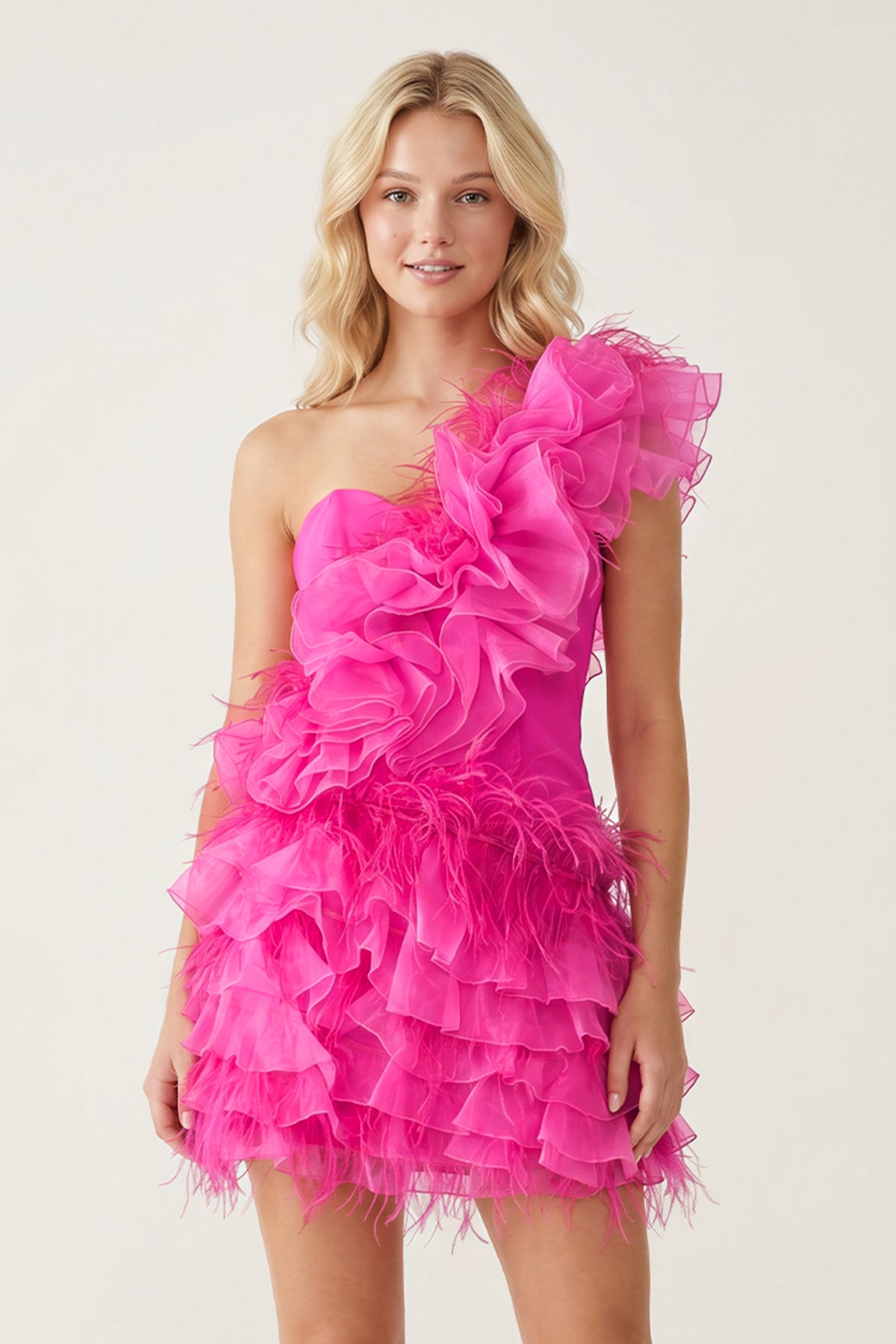 Ruffled Tulle Shoulder Hot Pink Short Homecoming Dress with Feather