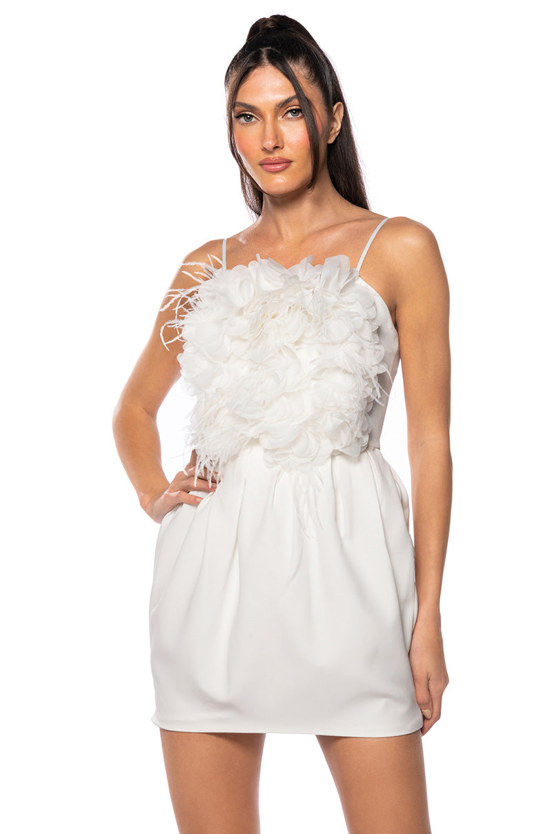 Gaia Floral Feather Applique Sleeveless Mini Dress