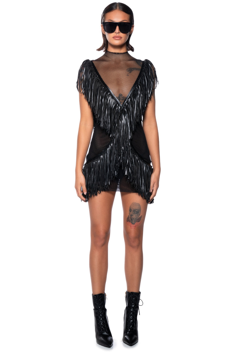 Shake Your Tail Feathers Fringe Mesh Mini Dress