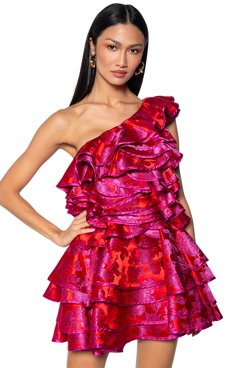 She Is Beauty Brocade Ruffle Mini Dress
