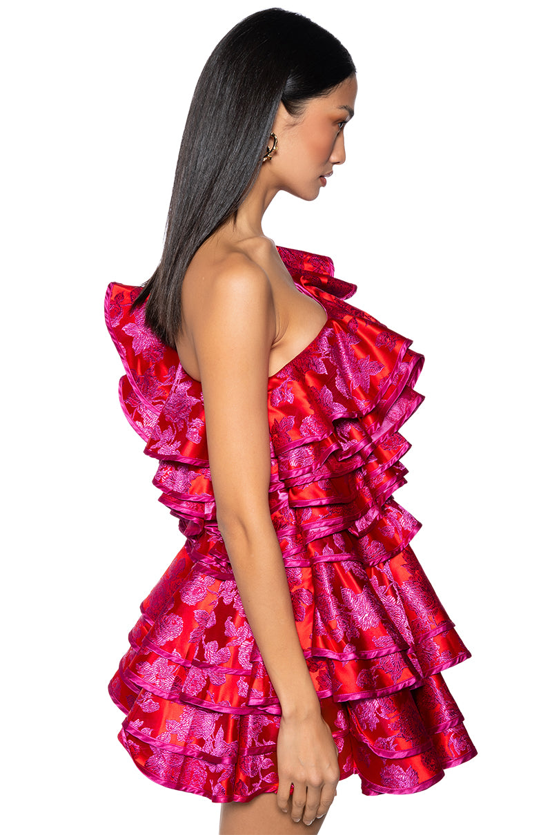 She Is Beauty Brocade Ruffle Mini Dress