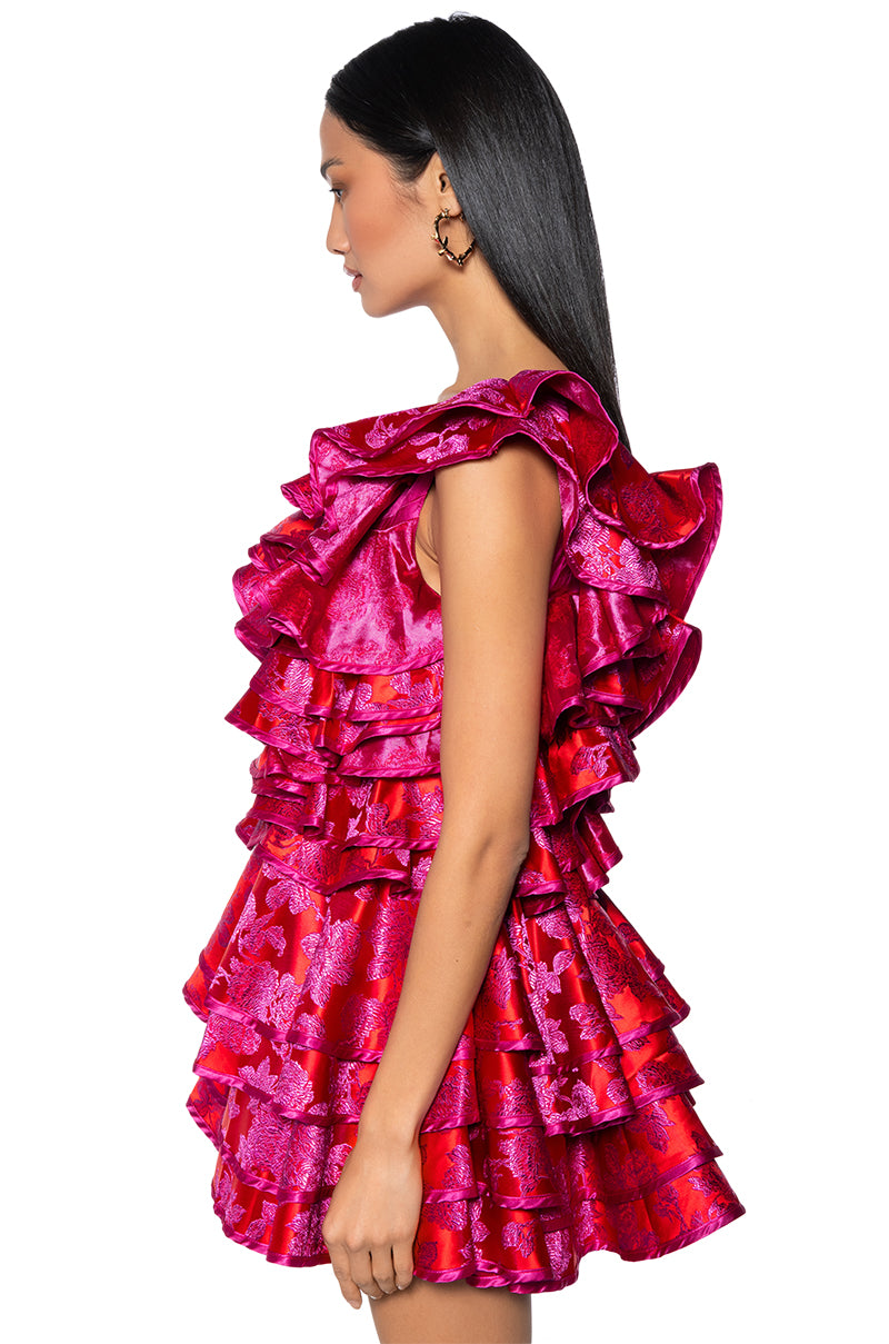 She Is Beauty Brocade Ruffle Mini Dress