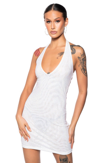 Shes Glowing Rhinestone Mini Dress In White