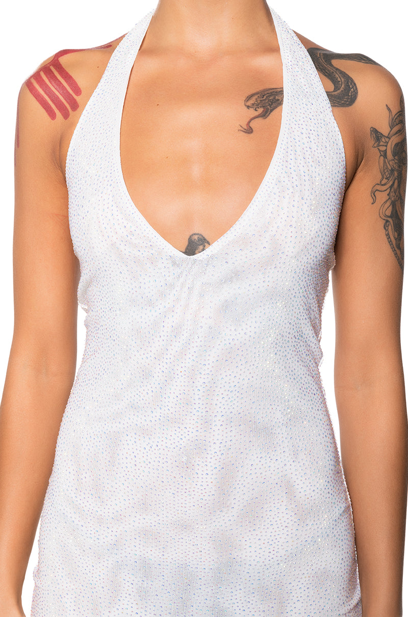 Shes Glowing Rhinestone Mini Dress In White