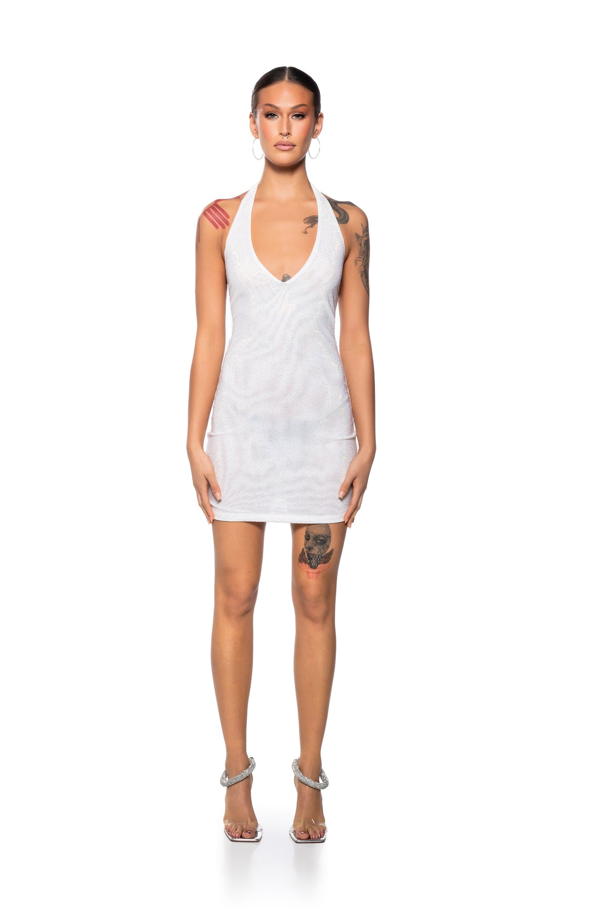 Shes Glowing Rhinestone Mini Dress In White