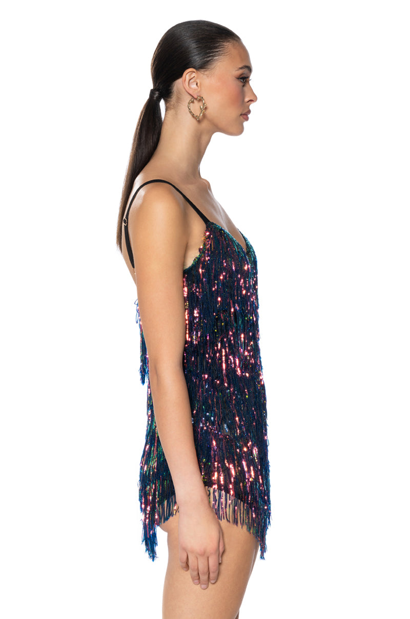 Show Up Sequin Fringe Mini Dress In Black Multi