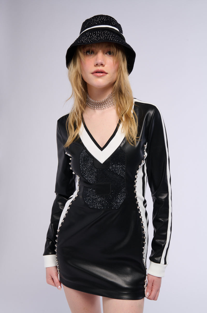 Sitting Courtside Striped Pu Jersey Long Sleeve Mini Dress