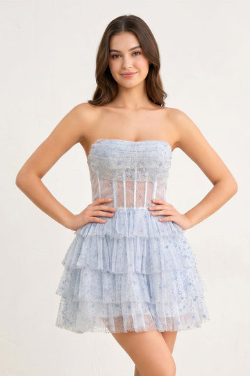 A-Line Strapless Scoop Tiered Sleeveless Short Homecoming Dress