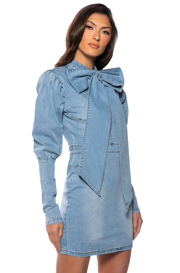 Take A Bow Denim Longsleeve Minidress