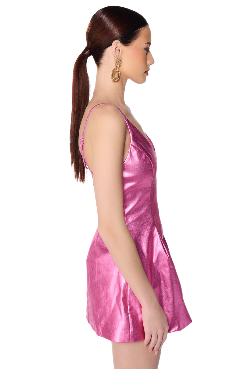 The Great Escape Metallic Mini Dress In Pink