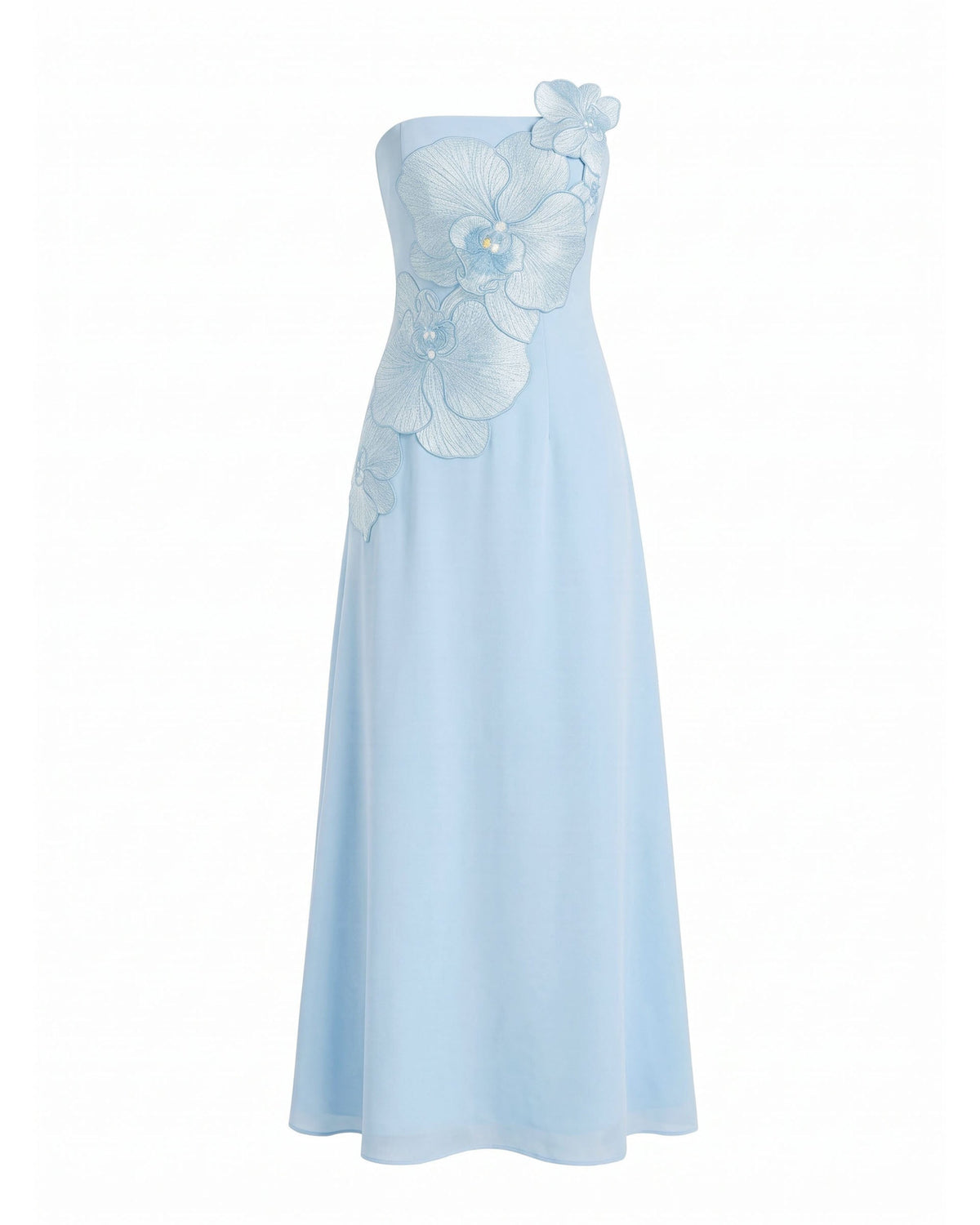 Orchid Embroidered Strapless A-Line Maxi Dress - Light Blue