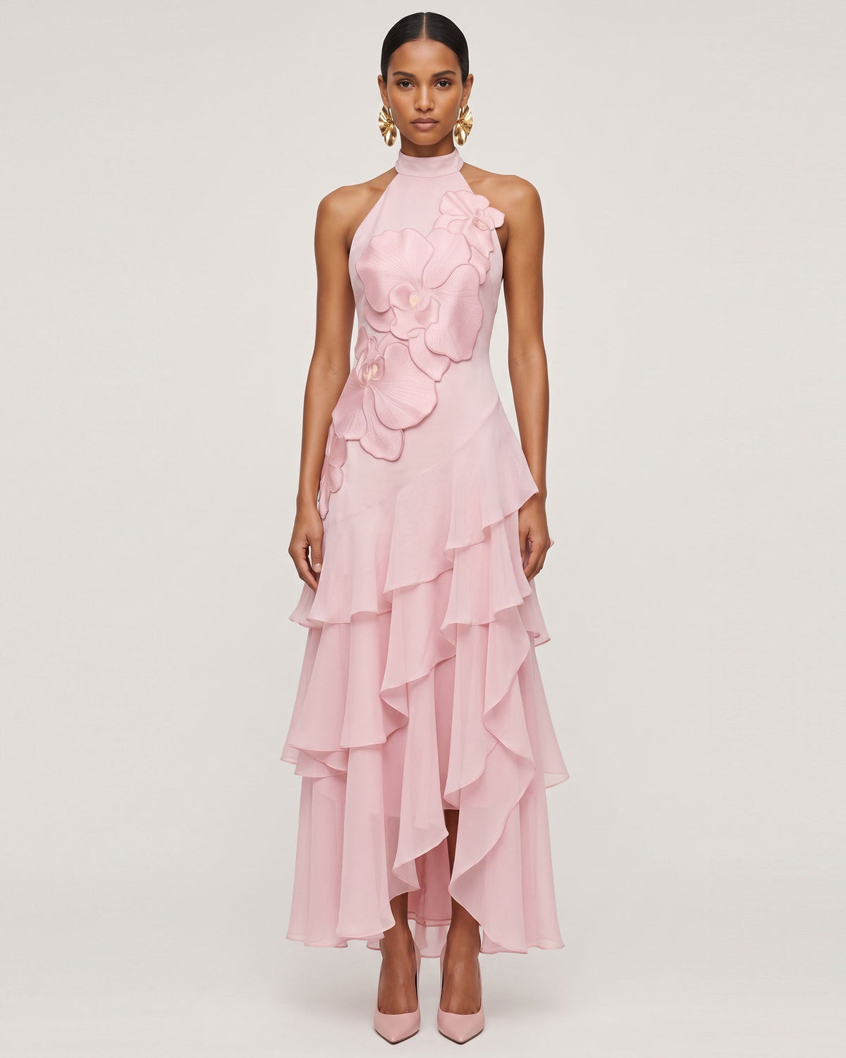 Orchid Embroidered Halter Asymmetric Layered Maxi Dress - Pink
