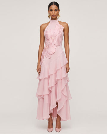 Orchid Embroidered Halter Asymmetric Layered Maxi Dress - Pink