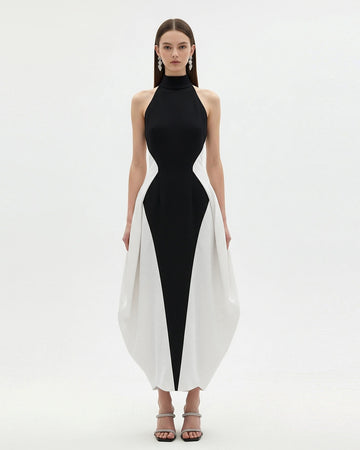 Monochrome Paneled Maxi Dress – Black